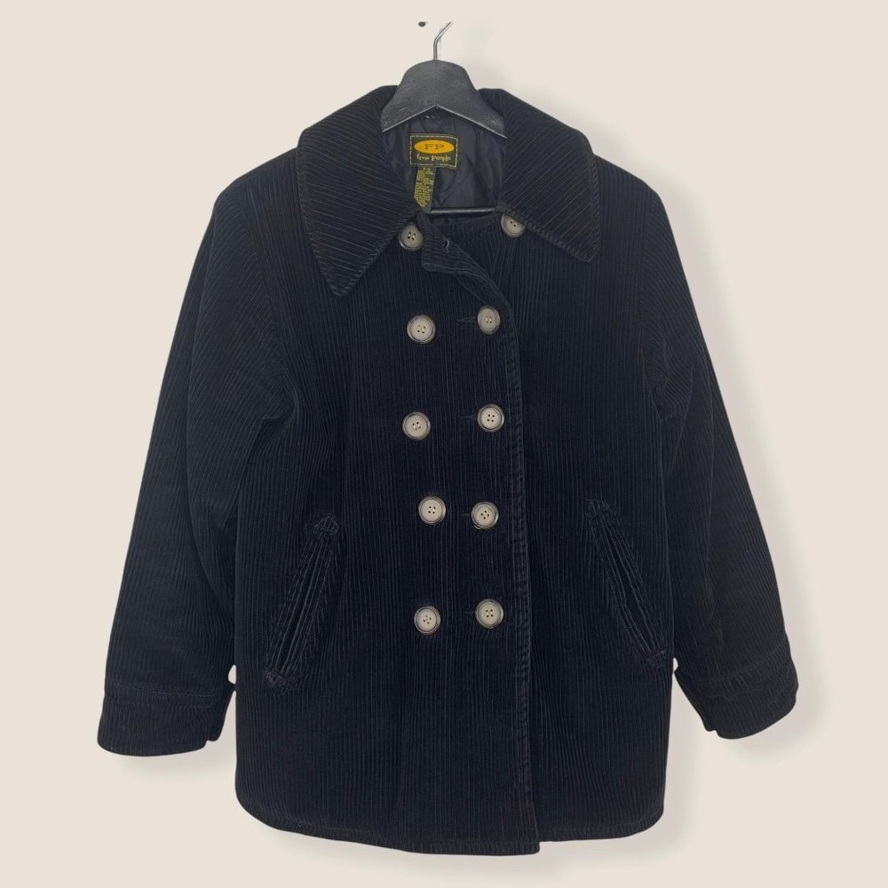 Vintage 90s Free People Black Corduroy Pea Coat Small